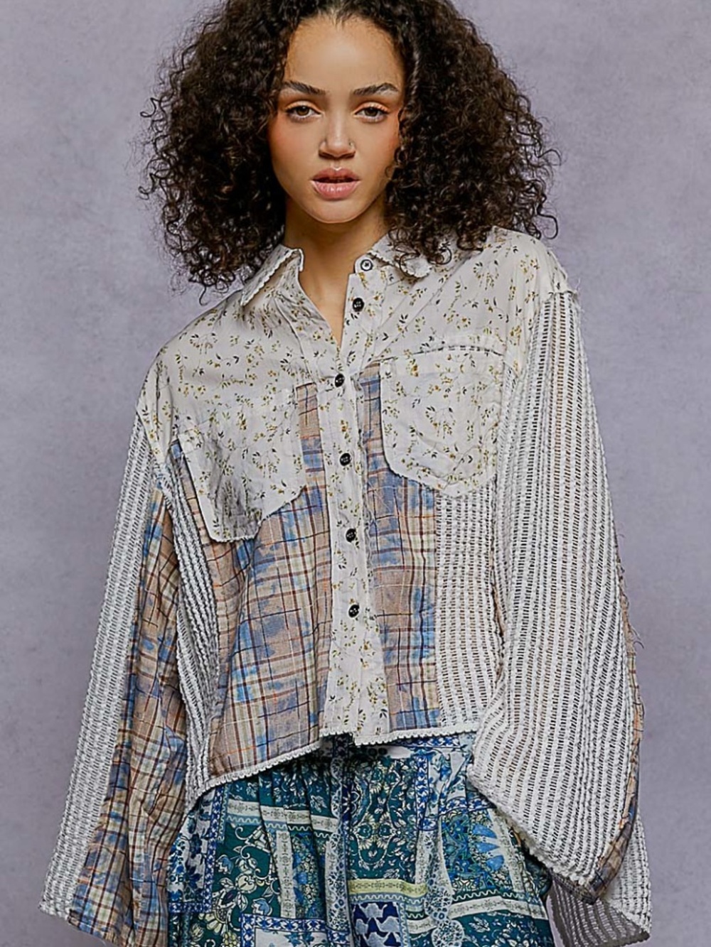 POL Patchwork Floral Plaid Crochet Button Down Shirt Oversized Boho Top NWOT